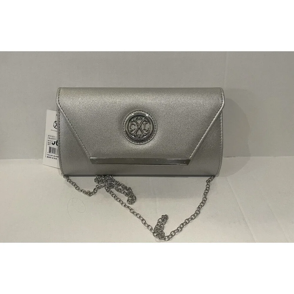 CXL Glam Caviar Clutch‎ Silver Detachable Chain Shoulder Bag New
